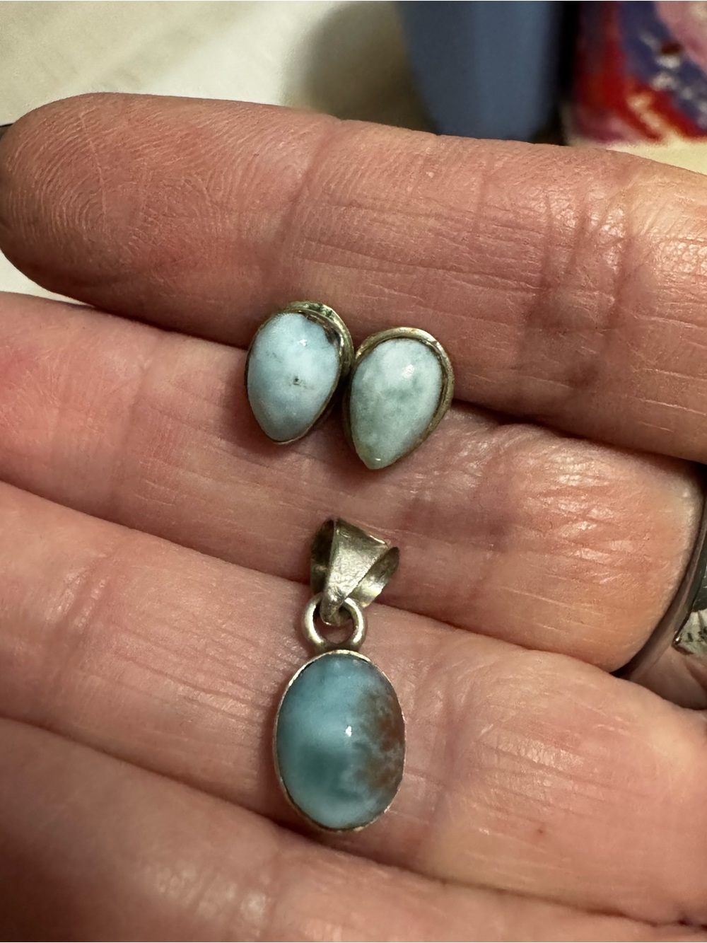 Larimar Teardrop Stud Earrings and Oval Pendant Set - Light Blue Gemstones